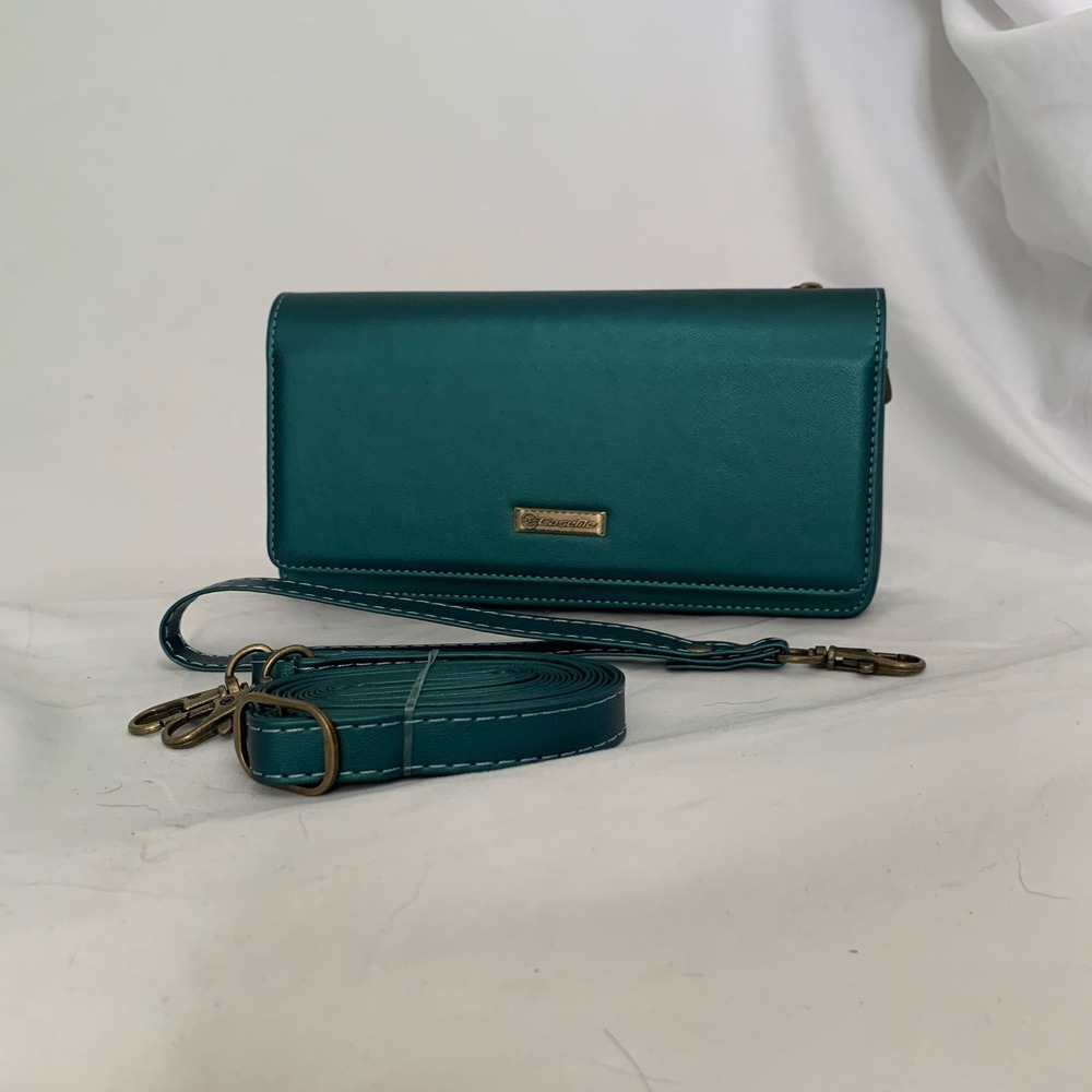 CaseMe Teal Green Satin Crossbody Wallet Bag‎ Card Holder Antique Brass Vibrant